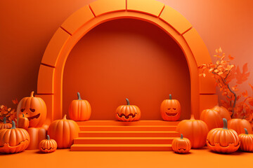 3D Halloween Pumpkin Podium Stand on Orange Background