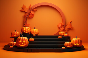 3D Halloween Pumpkin Podium Stand on Orange Background