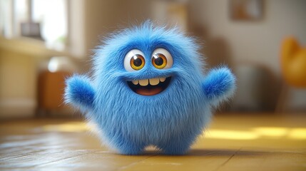 Fototapeta premium 3D render of a colorful fluffy blue furry cartoon character in an active dancing pose isolated on a yellow background, modern minimal concept.
