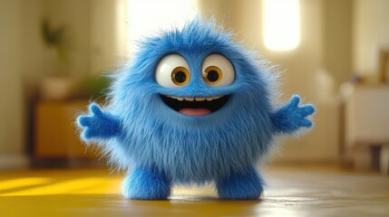 3D render of a colorful fluffy blue furry cartoon character in an active dancing pose isolated on a yellow background, modern minimal concept.
