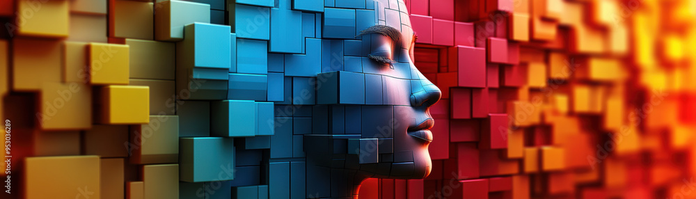 Poster a digital art piece featuring a human face silhouetted against a background of colorful geometric cu