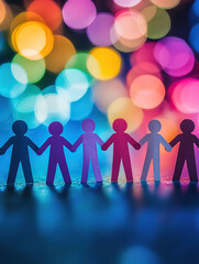 Paper people of different colors holding hands on a blurred background with bokeh lights