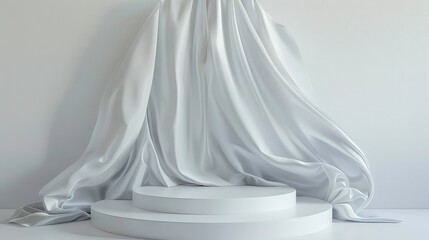 Minimalist product display with white fabric drape and podium.