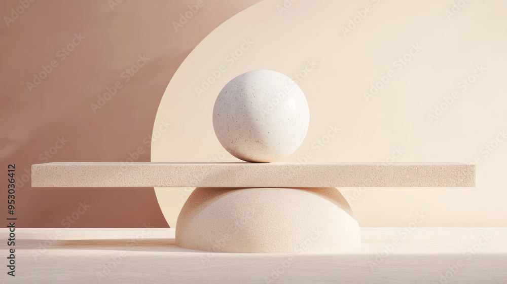 Poster minimalistic geometric sculpture with spheres and rectangular shapes, embodying balance and simplici