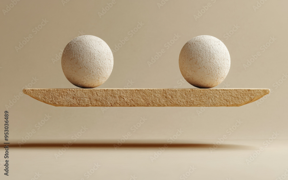 Poster minimalist image of two textured spheres balanced on a flat surface, representing symmetry and equil