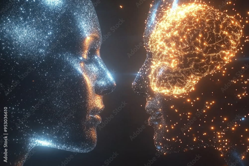 Poster human connection in the digital age two abstract faces facing each other with golden neural networks