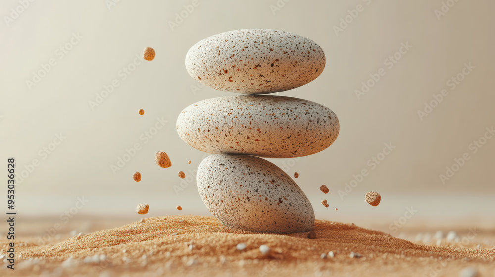 Poster three speckled stones balance on sandy surface, capturing serenity and harmony in a minimalistic com
