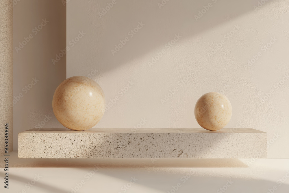 Poster minimalist modern art scene with two marble spheres on textured stone shelf. soft light and shadow p