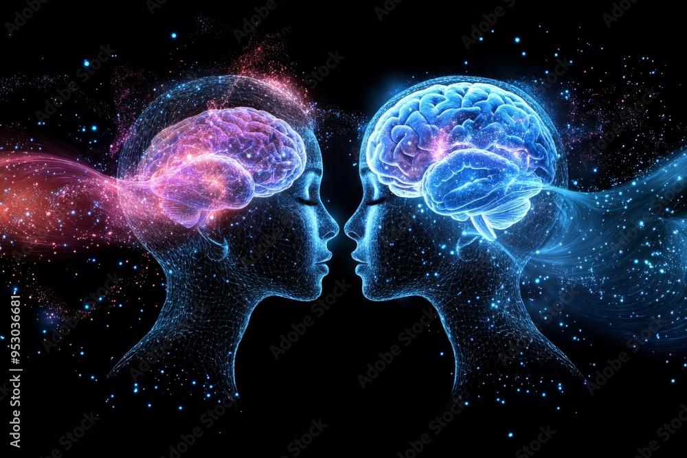 Poster symmetrical cognitive bond digital rendering of two human faces with colorful neural networks connec