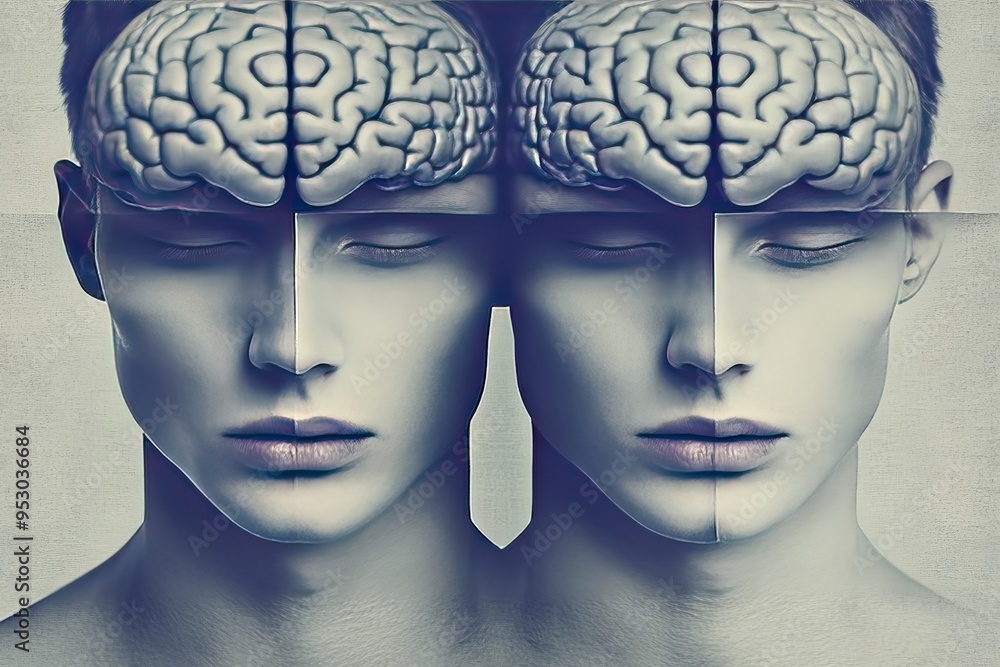 Poster mirror image of the mind symmetrical twins with exposed brains reflecting the concept of shared thou