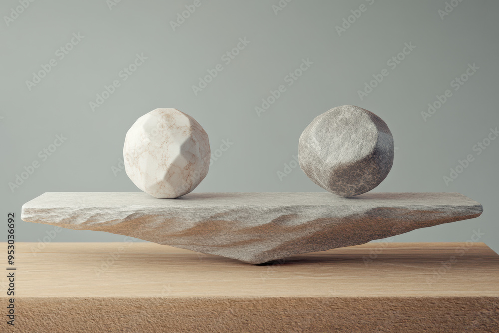 Poster abstract art piece with two geometric stones balanced on a textured platform, symbolizing harmony an