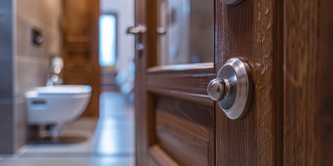 Obraz premium Contemporary Brown Timber Door Opening to Indistinct Restroom Featuring Metallic Doorknob with Gentle Focus Detail