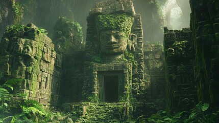 Jungle-enveloped ancient ruin with moss-covered stones and vines clinging to intricate carvings earthy green textures detailed 3D-rendered structures
