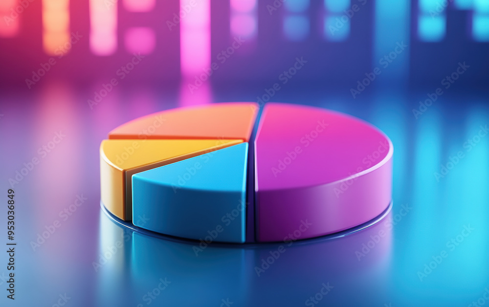 Poster colorful pie chart on reflective surface against vibrant gradient background, representing data anal