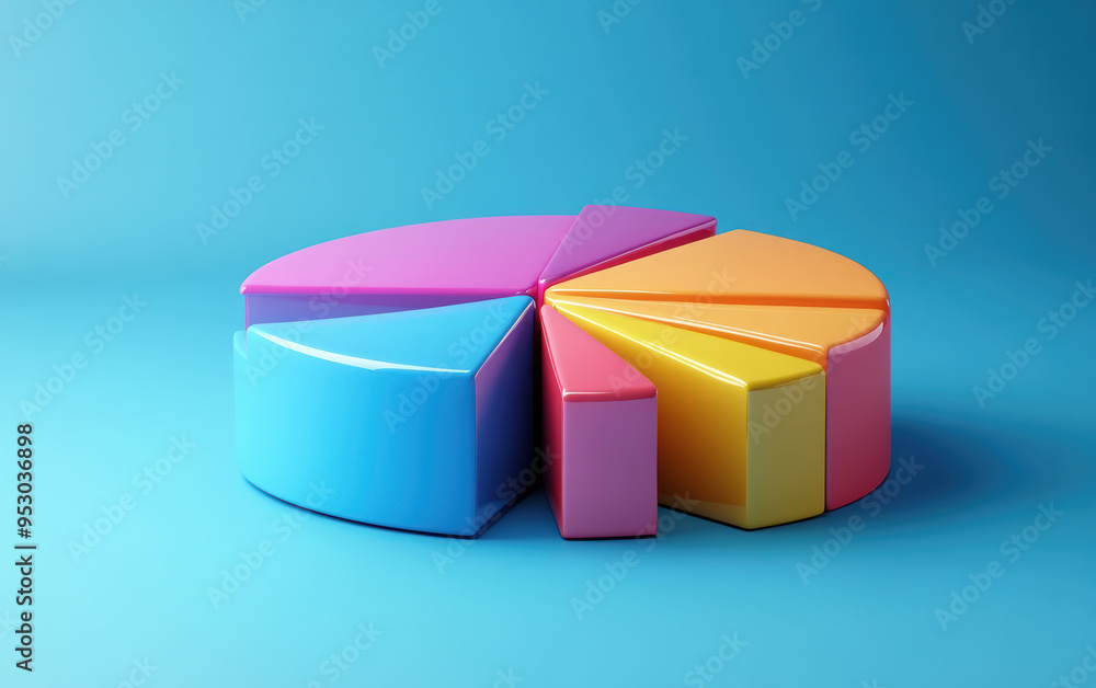 Poster colorful segmented pie chart against a blue background, representing data visualization and statisti