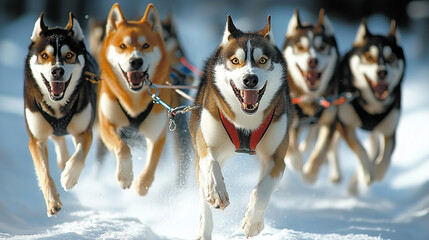 A group of huskies running in the snow, pulling their sleds