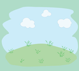 Obraz premium cartoon green meadow blue sky and clouds