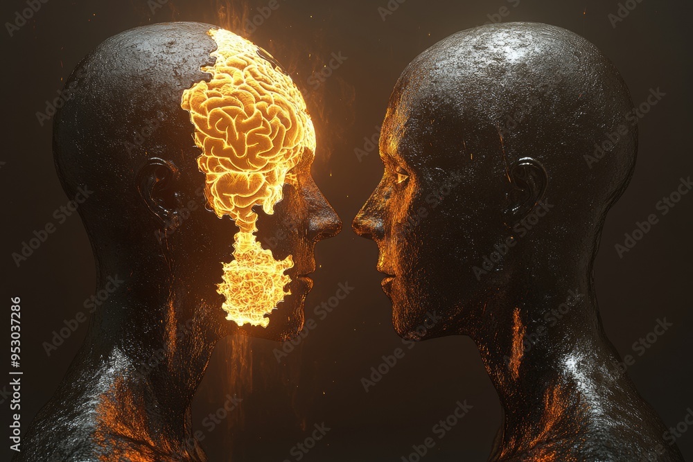 Poster minds aflame dramatic rendering of two human heads with fiery neural networks symbolizing passionate