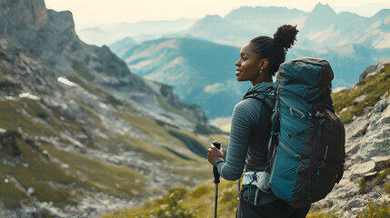 A black woman wearing hiking gear, confidently trekking up a mountain trail with a breathtaking view of the surrounding peaks and valleys