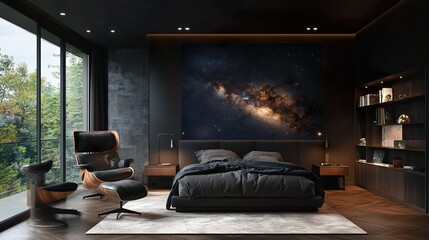 Bedroom with a Stunning Galaxy Mural and Celestial Decor for a Cozy Starry Atmosphere