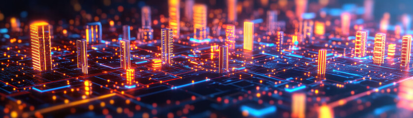 Obraz premium Futuristic cityscape with neon lights and digital elements, showcasing a vibrant urban environment illuminated with modern technology.