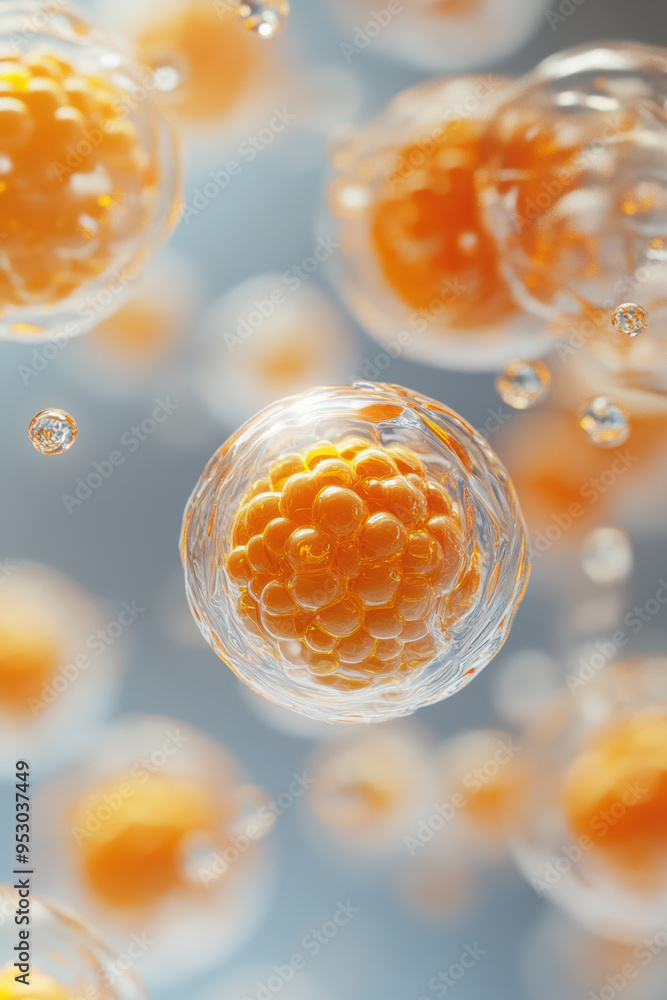 Poster close-up view of transparent biological cells with orange nuclei under a microscope, showcasing intr