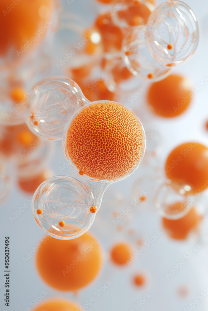 Poster a close-up view of vibrant orange spheres interconnected by transparent bubbles, creating a dynamic 