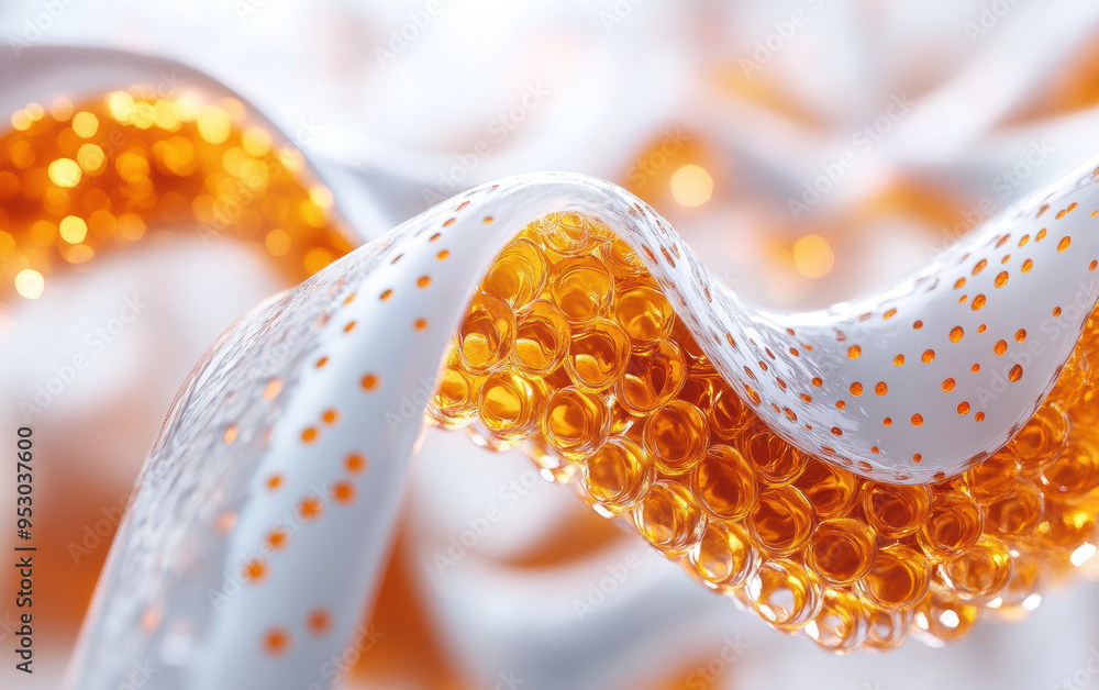 Poster close-up of an abstract orange and white texture with bubble-like patterns, creating a vibrant and d