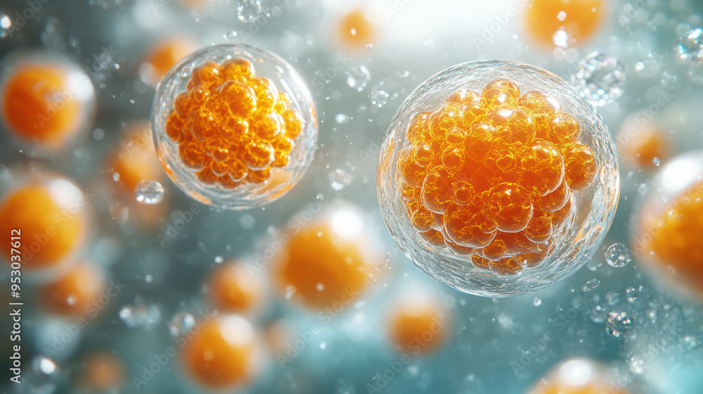 Poster microscopic view of cellular structures with orange nuclei in a blue fluid environment, highlighting