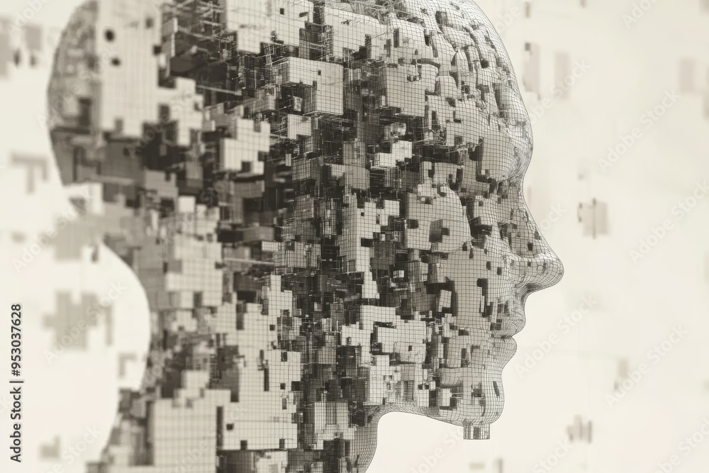 Poster pixelated mind abstract rendering of a human head with pixelated brain patterns symbolizing the frag