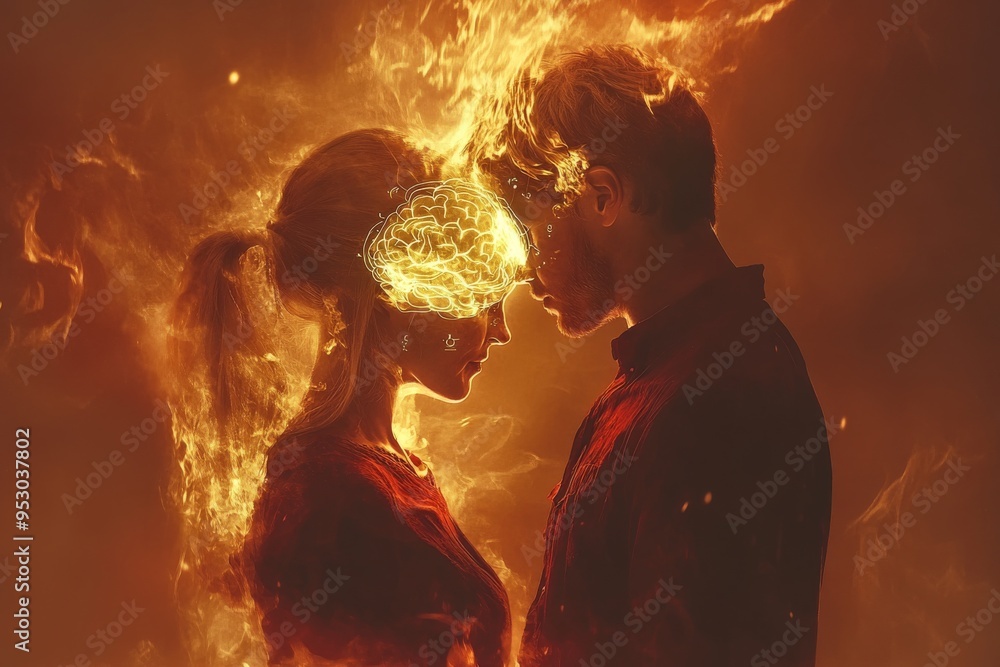 Poster fiery thought abstract visualization of a couple with glowing orange neural networks representing pa