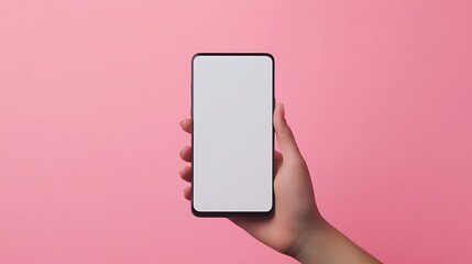 Hand Holding Smartphone with Blank White Screen Against Pink Background
