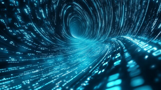 A mesmerizing abstract image of binary code flowing through digital tunnel, creating sense of depth and movement.