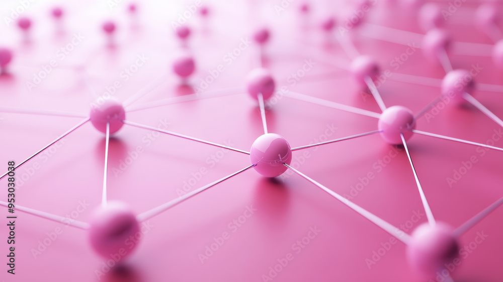 Poster abstract network of interconnected pink spheres on a smooth pink surface, representing communication