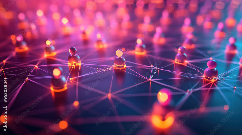 Poster abstract representation of a connected network with glowing nodes and lines, symbolizing communicati