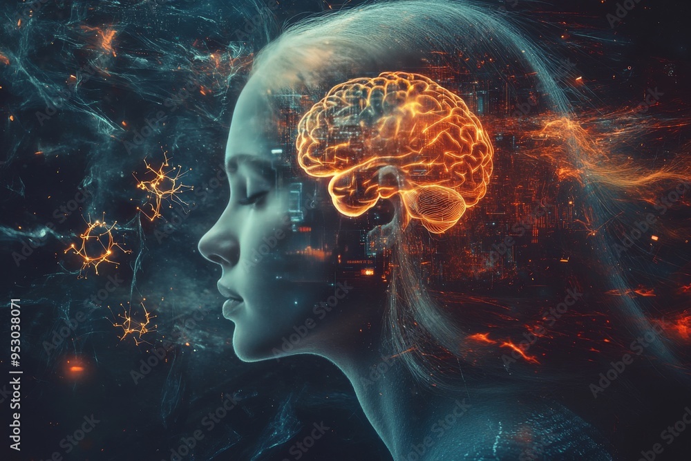 Aufkleber cosmic mind abstract female portrait with glowing neural patterns and celestial elements representin