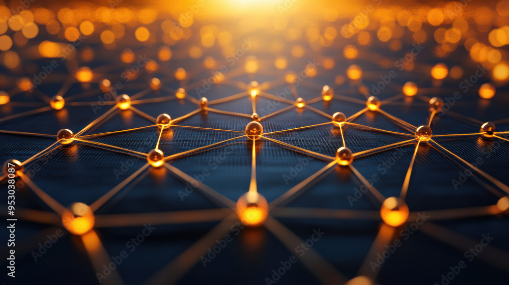 Poster abstract network of interconnected glowing nodes and lines, representing communication, technology, 