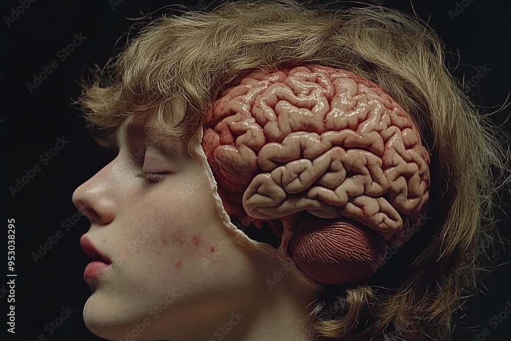 Poster young boy with visible brain portrait showing detailed neural patterns symbolizing childhood curiosi