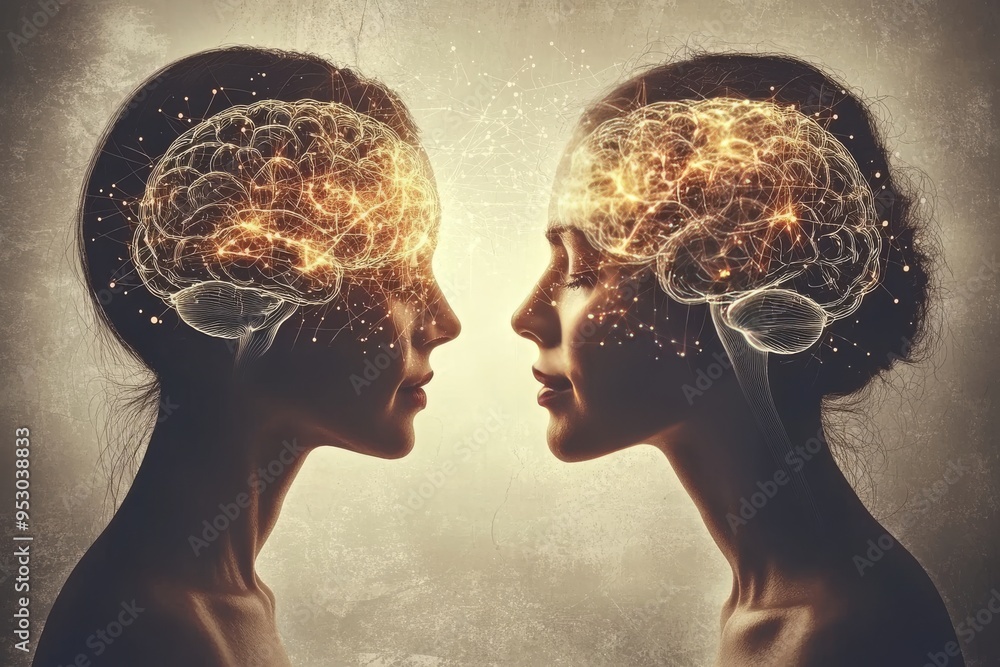 Poster reflective minds two individuals facing each other with glowing brain imagery representing cognitive