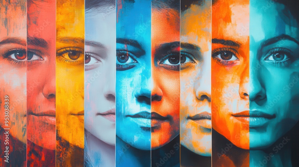 Leinwandbilder a vibrant array of diverse faces appears divided by a bold line, symbolizing the impact of bias and 