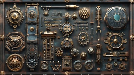 Steampunk-inspired design elements and gears, 