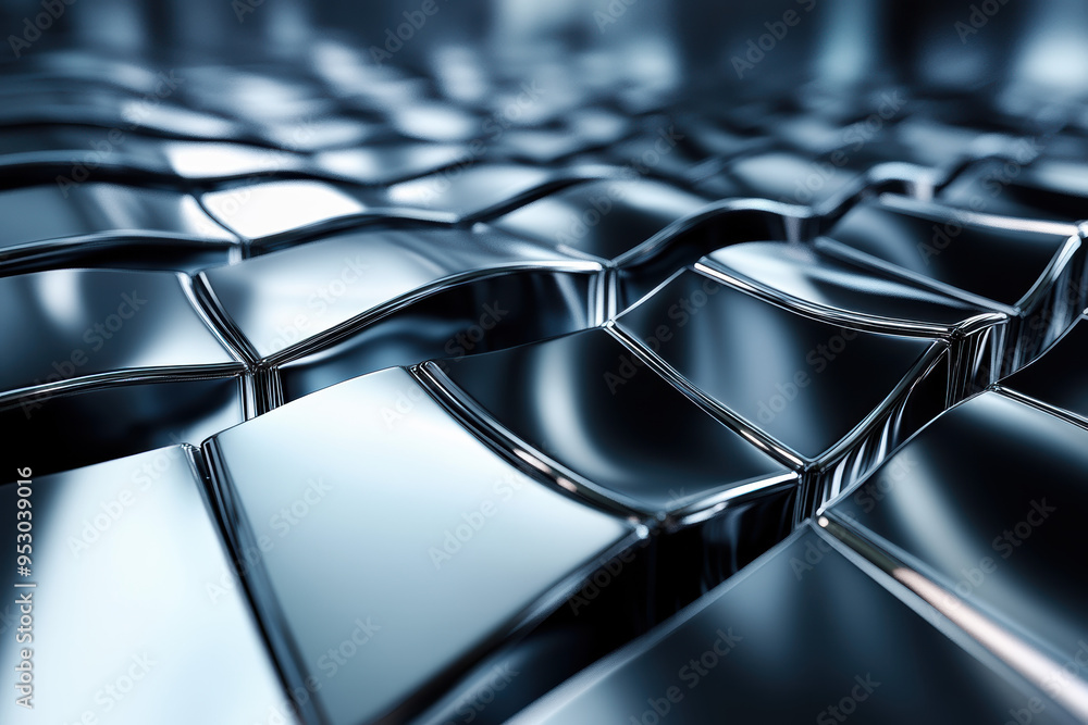 Poster abstract metallic wave surfaces reflecting light, creating a futuristic and high-tech pattern, perfe