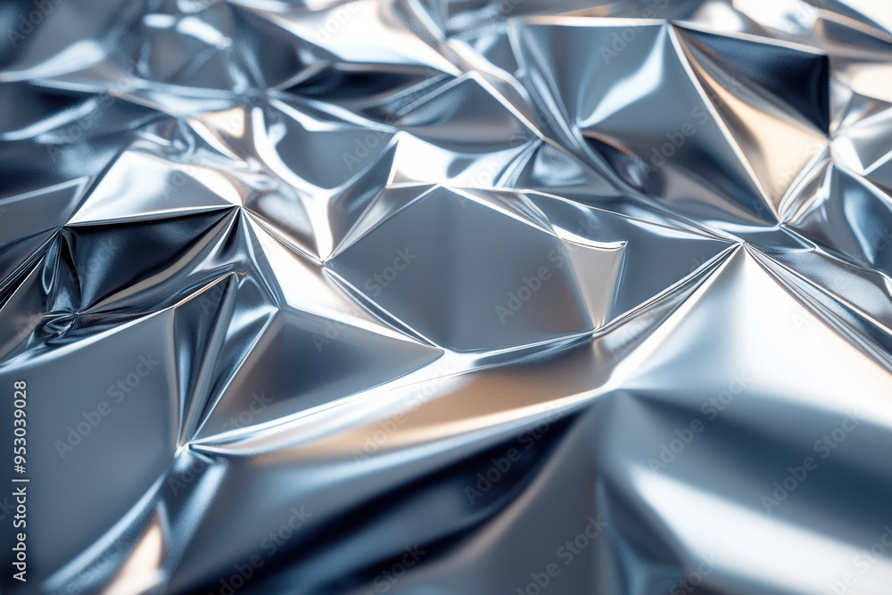 Poster close-up image of a crumpled, reflective silver surface with intricate folds creating an abstract, m