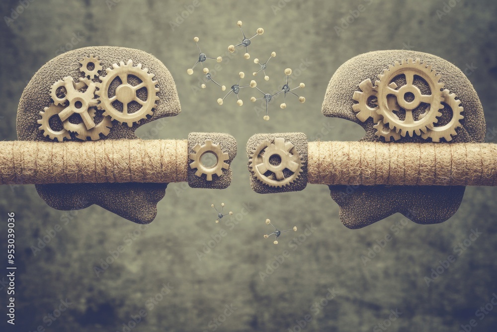 Poster mechanical brain surreal illustration of two heads with interlocking gears representing the machinel