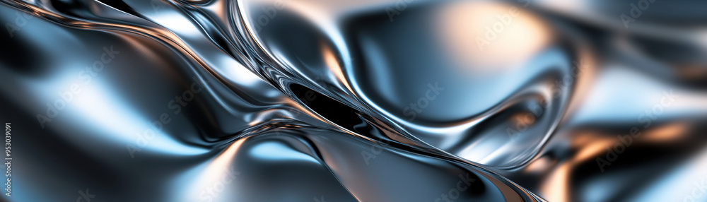 Poster abstract silver and black fluid wave pattern with smooth metallic texture, creating a modern and fut