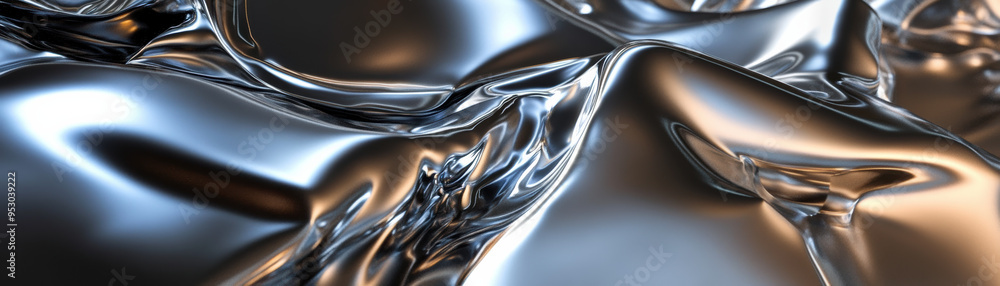 Poster abstract silver metallic surface with smooth, reflective, and fluid-like texture, creating a futuris