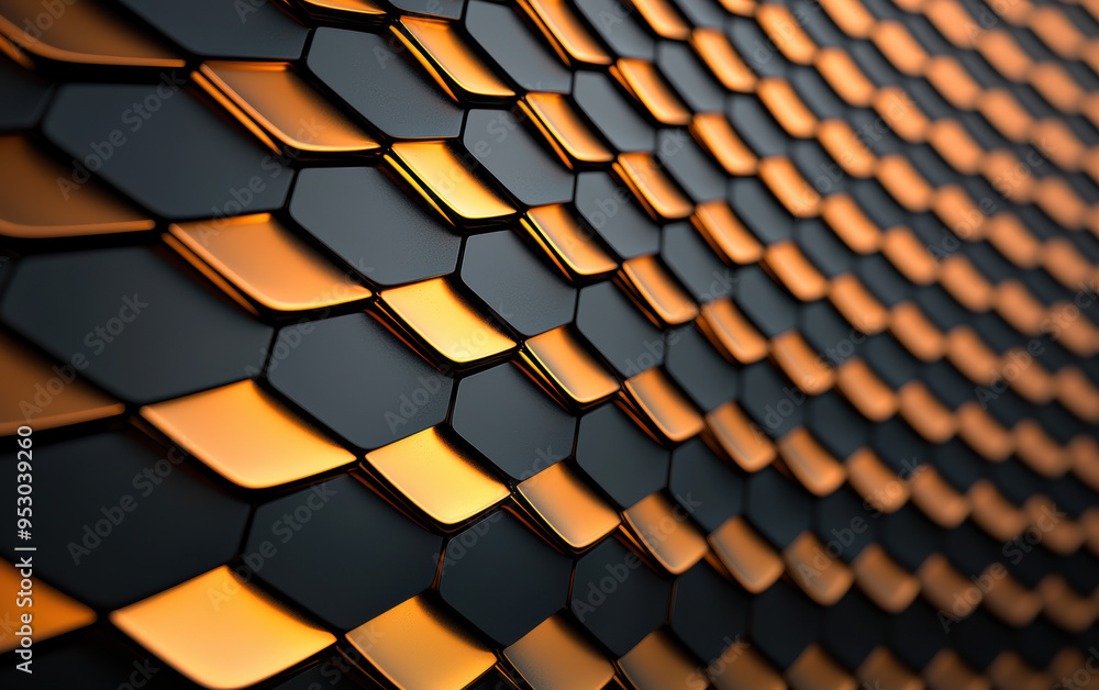 Poster abstract close-up of metallic hexagonal pattern with gradient lighting, showcasing an intricate and 