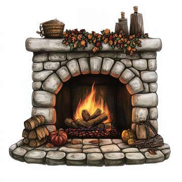 cozy stone fireplace with autumn decor clip art preview