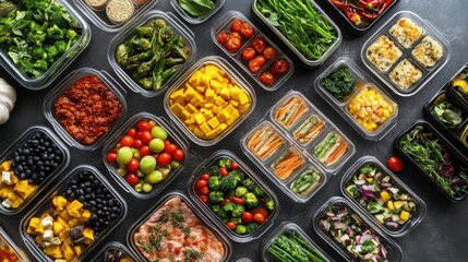 A top-down view of a meal prep table with neatly packed containers of balanced meals for the week.