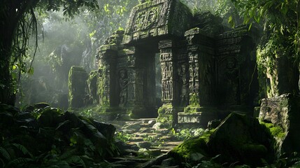 Hidden jungle ruin with ancient carvings and moss-covered stones surrounded by dense foliage and earthy greens detailed 3D-rendered structures